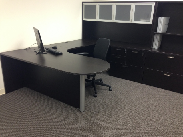 72"x108" Curved Bullet U Shape Desk Unit WIth Combo FIle, Glass Hutch Doors, Lateral File & Open Hut